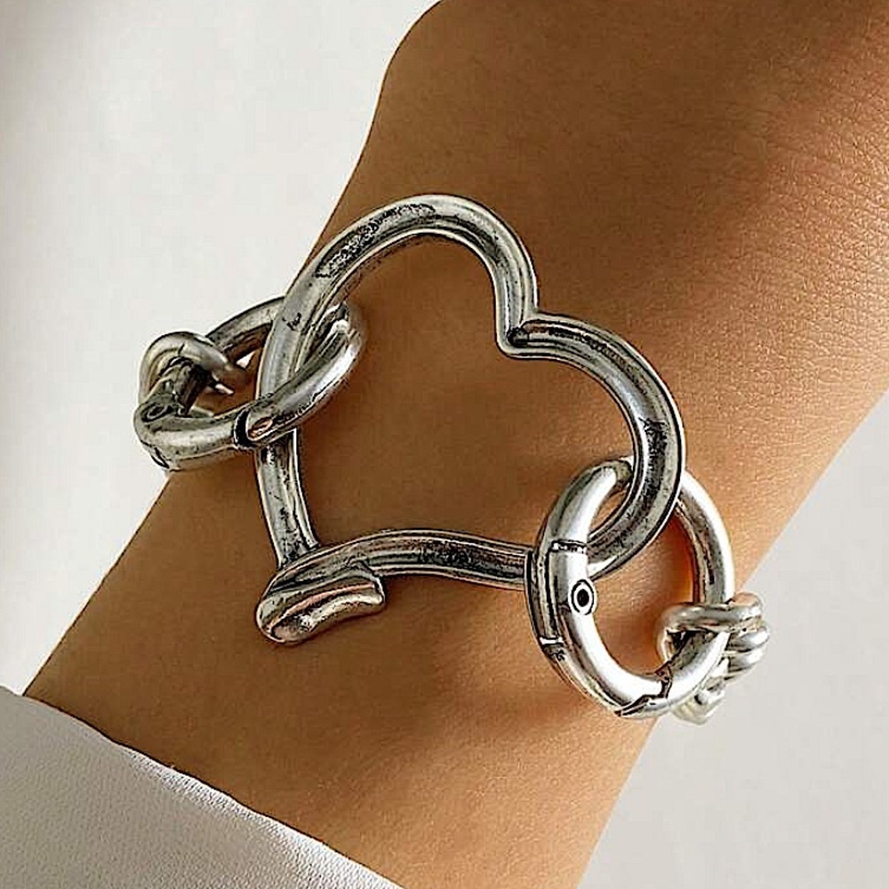 Stainless Steel Heart Bracelet Chain Link Boho Hammered Statement Piece
